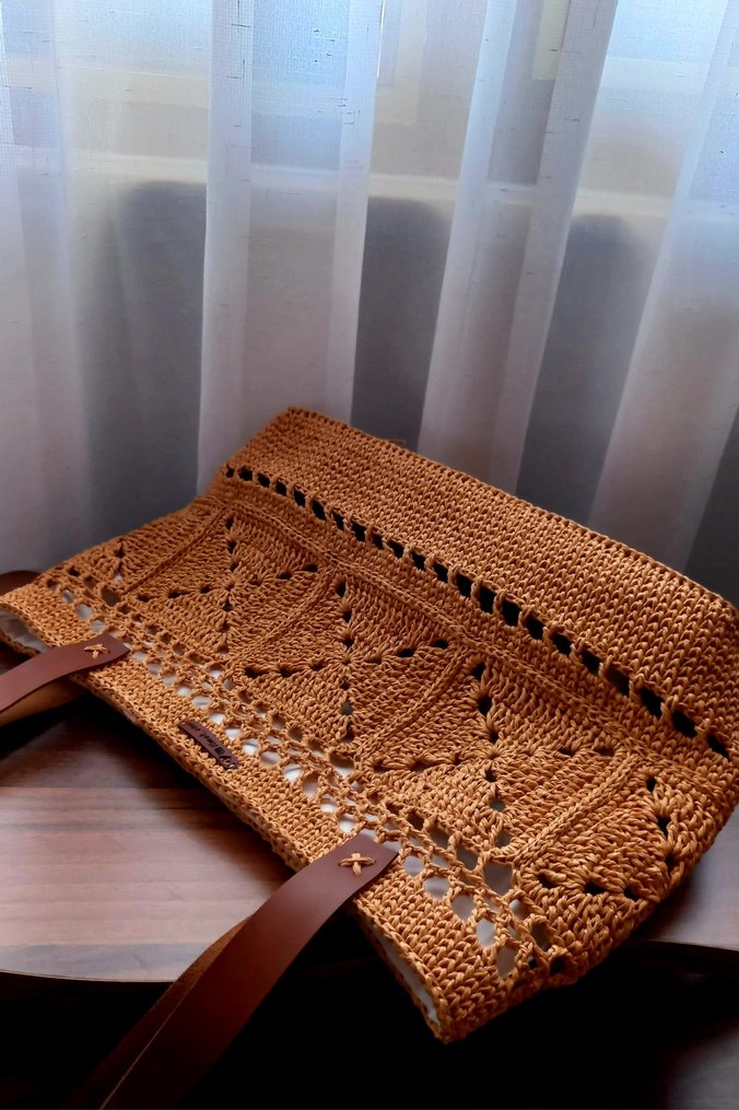 Bej Dantel motif Detaylı  hasır Örgü Kadın Çanta - Görsel 4