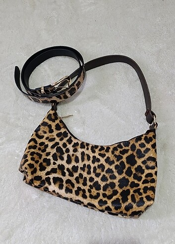leopar çanta ve kemer set