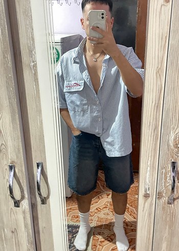 Lacivert uzun kot şort - Görsel 2