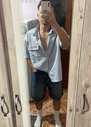 Lacivert uzun kot şort - Görsel 3