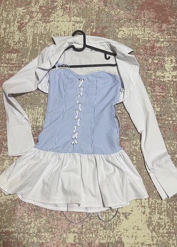 Mini Mavi bolero gömlekli korse elbise takımı