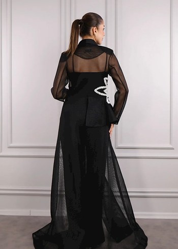 Siyah Nakışlı Uzun Abiye Elbise - Görsel 2