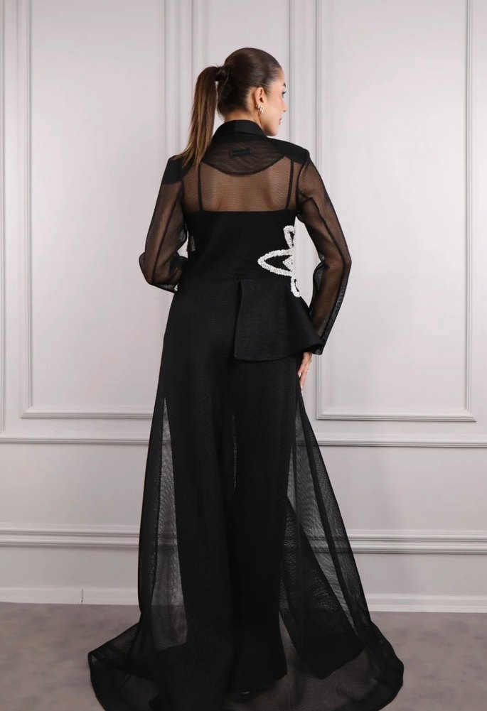 Siyah Nakışlı Uzun Abiye Elbise - Görsel 2