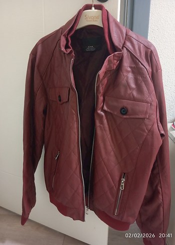 Bordo Deri Fermuarlı Biker Ceket - Görsel 3