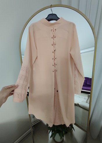 l Beden Bej Düğmeli Uzun Kadın Tunik