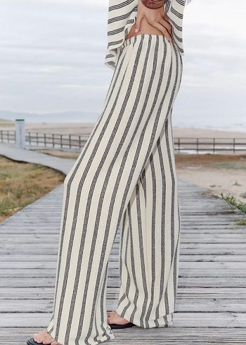 Beyaz Gri Çizgili Kadın Pamuklu Pantolon - Görsel 3