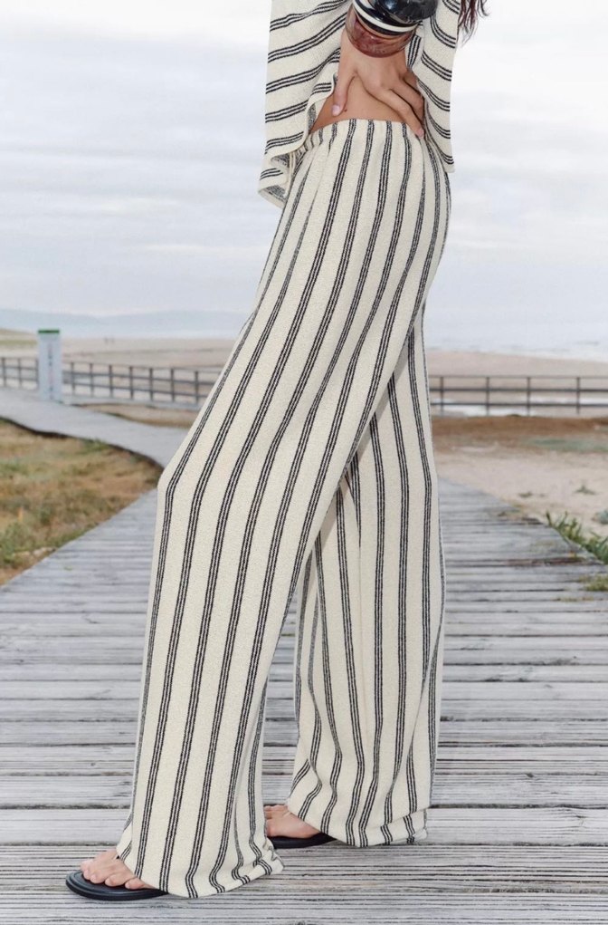 Beyaz Gri Çizgili Kadın Pamuklu Pantolon - Görsel 3