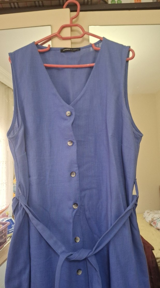 Mavi V Yaka Düğmeli Uzun Elbise - Görsel 2