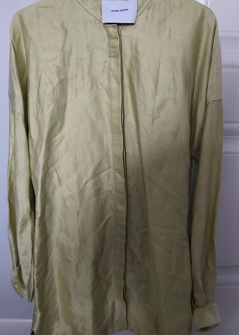 Sarı Keten Uzun Kollu Mini Elbise - Görsel 3