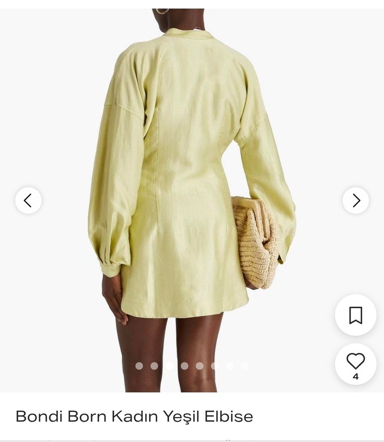 Sarı Keten Uzun Kollu Mini Elbise - Görsel 2