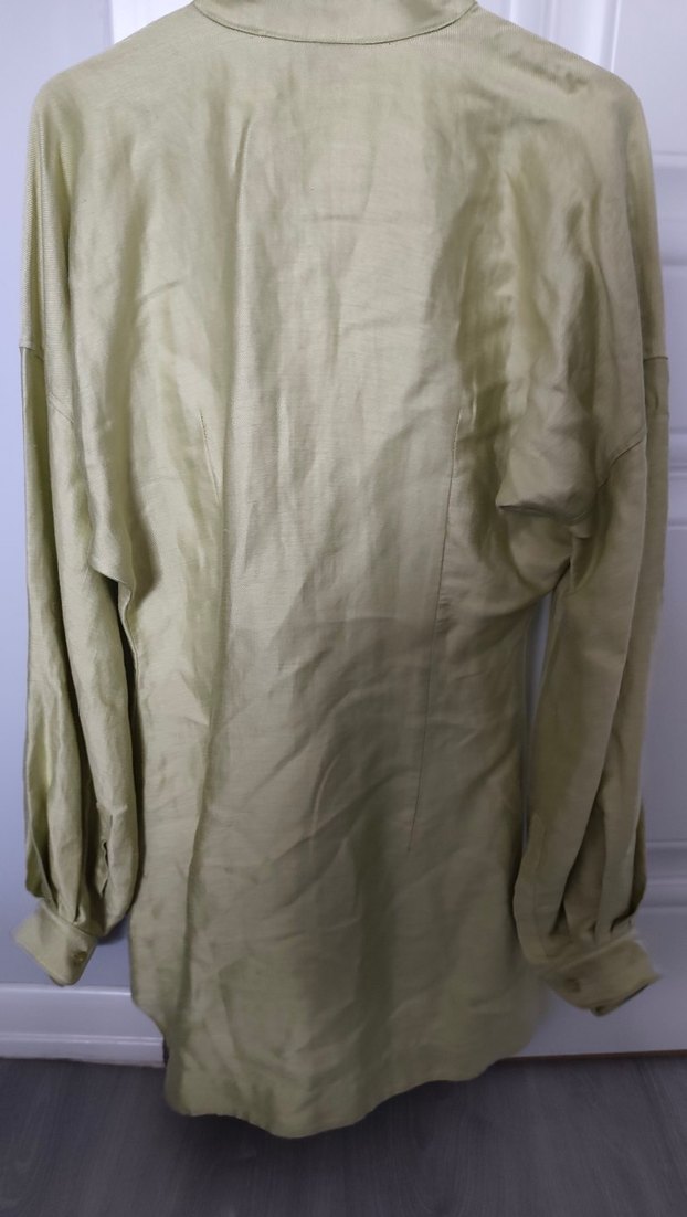 Sarı Keten Uzun Kollu Mini Elbise - Görsel 4