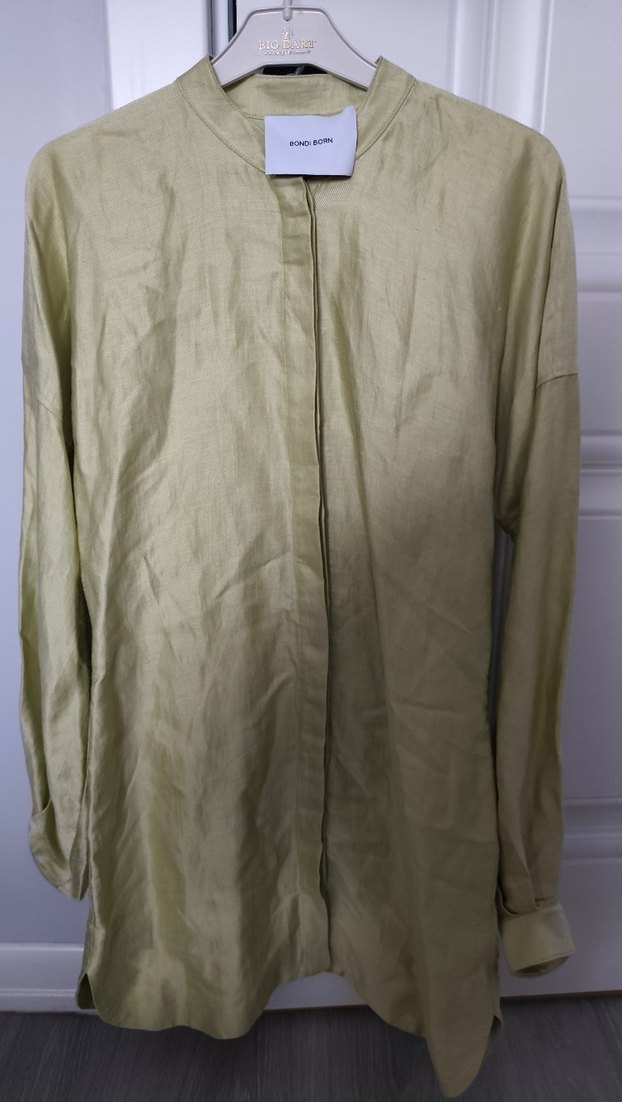 Sarı Keten Uzun Kollu Mini Elbise - Görsel 3