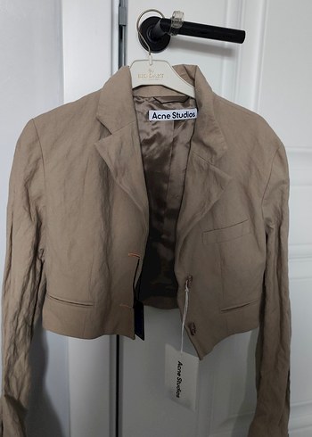 Bej Keten Mini Blazer Düğmeli - Görsel 3