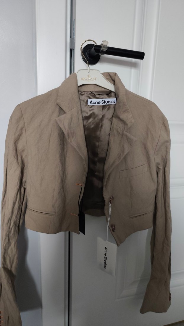 Bej Keten Mini Blazer Düğmeli - Görsel 3