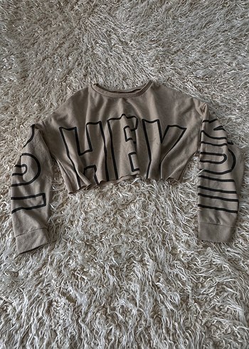 Bej Baskılı Kısa Triko Sweatshirt