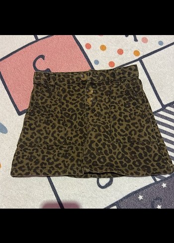 Düğmeli Leopar Desenli Midi kız çocuk Etek