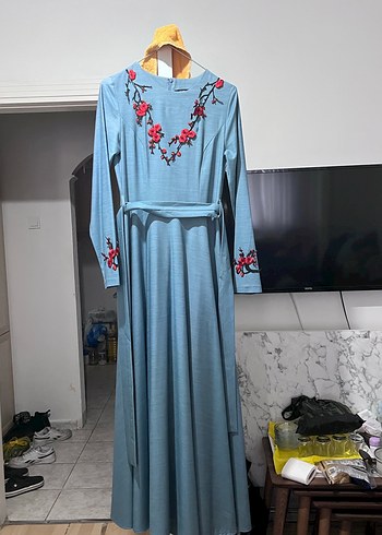 Uzun Kollu Mavi Nakışlı Bohem Elbise - Görsel 7