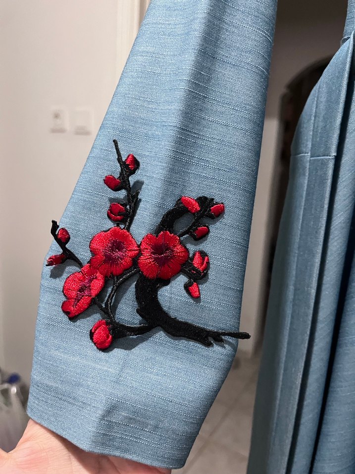 Uzun Kollu Mavi Nakışlı Bohem Elbise - Görsel 3