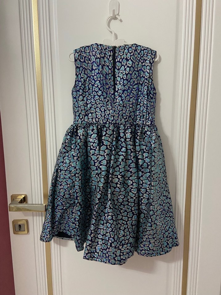 Mavi Yılan Desenli Pilili Midi Elbise - Görsel 3