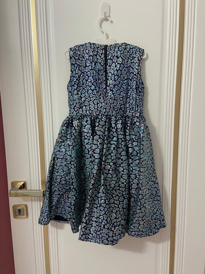 Mavi Yılan Desenli Pilili Midi Elbise - Görsel 4