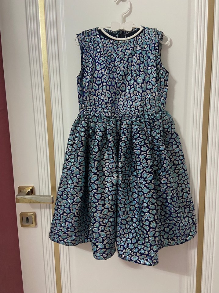 Mavi Yılan Desenli Pilili Midi Elbise - Görsel 5