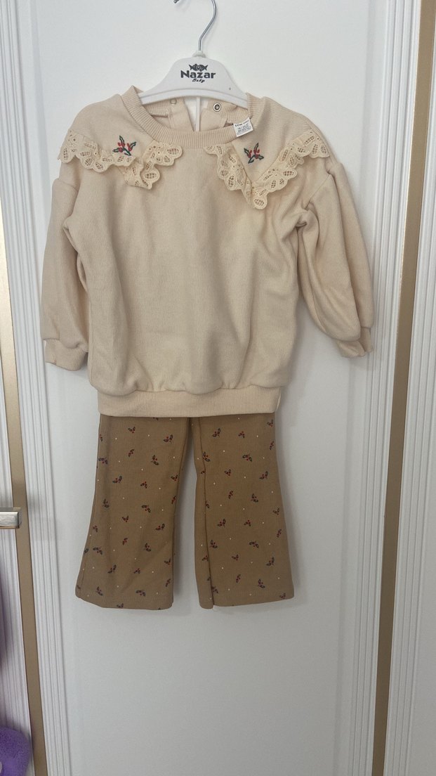 Nakışlı Bej Kız Çocuk Triko Sweatshirt - Görsel 2