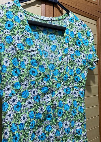 Renkli Bohem Midi Elbise V Yaka Düğmeli - Görsel 3