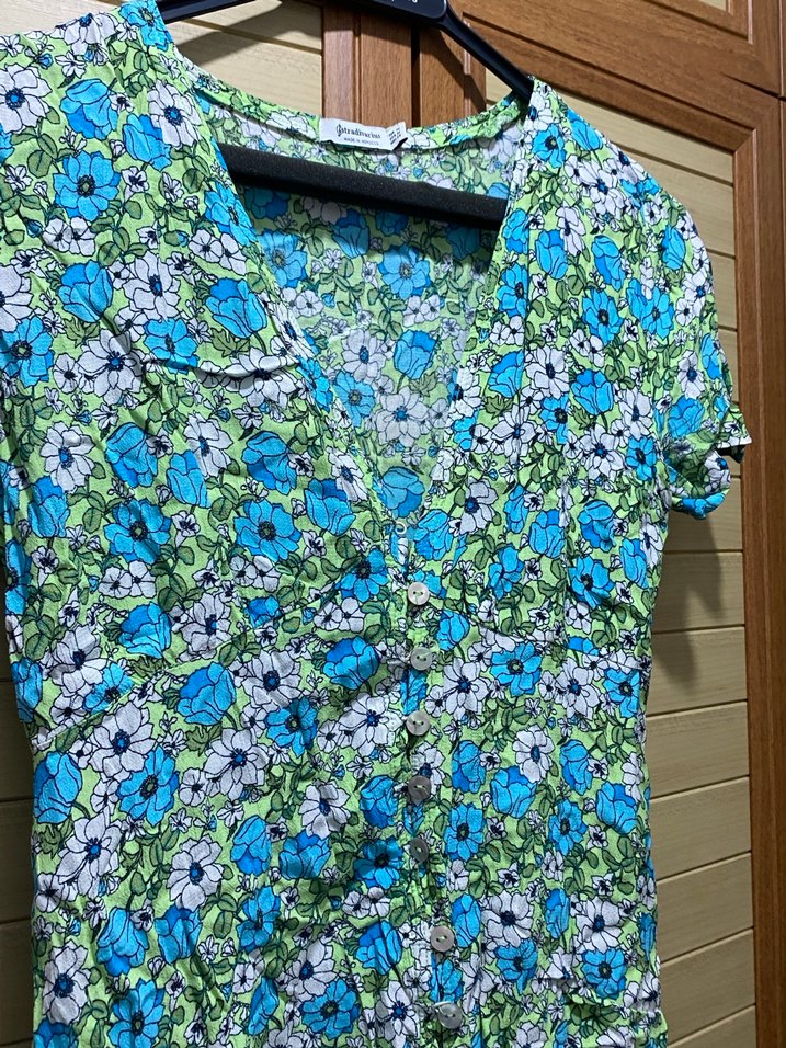 Renkli Bohem Midi Elbise V Yaka Düğmeli - Görsel 3