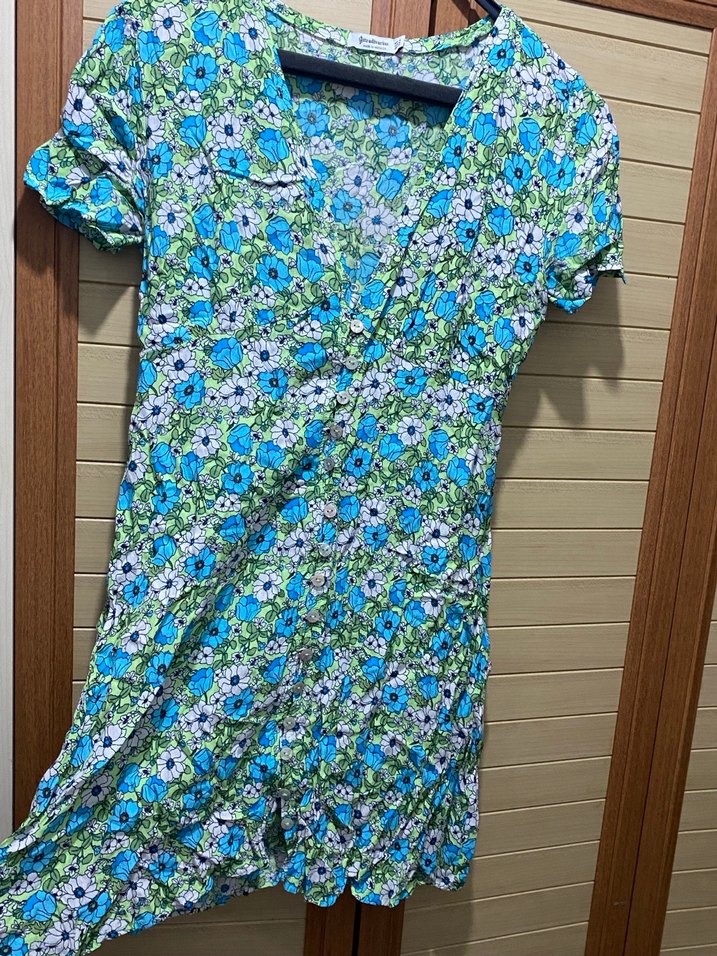 Renkli Bohem Midi Elbise V Yaka Düğmeli - Görsel 4