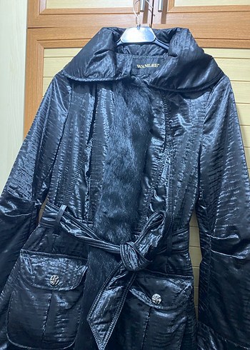 Kemerli Siyah Yılan Desenli Uzun Kadın Ceket - Görsel 5