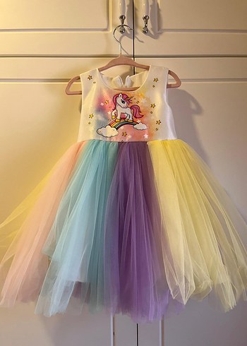 Çok Renkli Kız Çocuk Unicorn Elbise