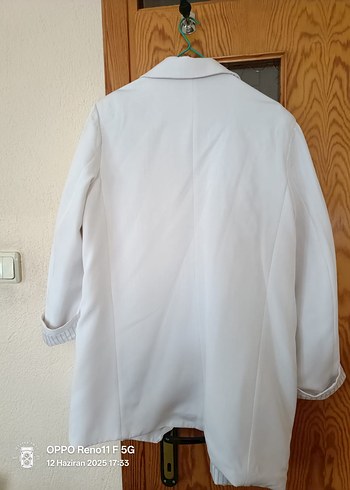 l Beden Beyaz Düğmeli Keten Midi Blazer