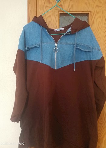 Kadın Kapüşonlu Kahverengi Kot Sweatshirt