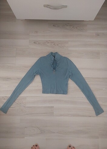 xs Beden mavi Renk Mavi uzun kollu crop top bluz