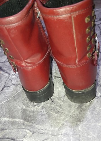 Kırmızı Deri Kadın Botları Tokalı Blok Topuklu - Görsel 4