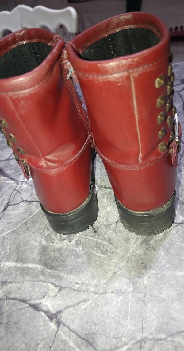 Kırmızı Deri Kadın Botları Tokalı Blok Topuklu - Görsel 4