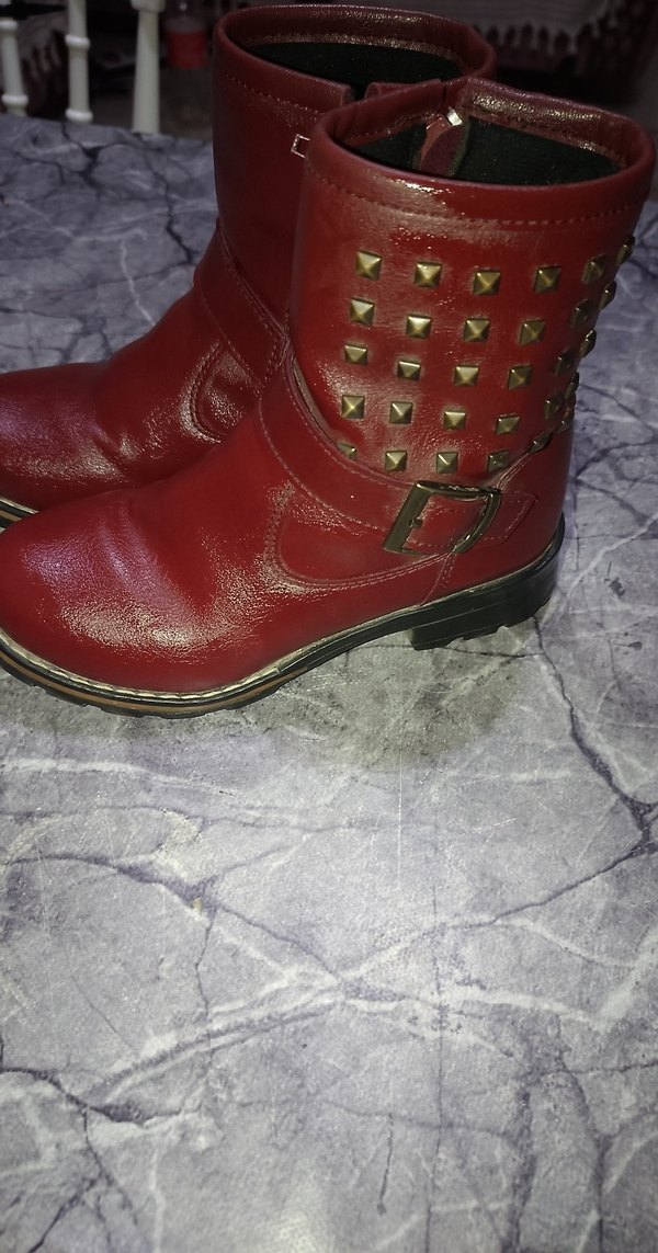 Kırmızı Deri Kadın Botları Tokalı Blok Topuklu - Görsel 2