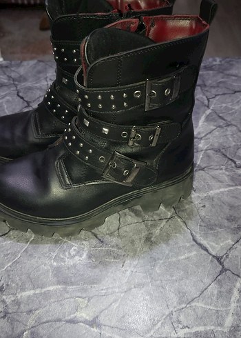 yüksek taban Siyah Deri Tokalı Botlar - Görsel 3