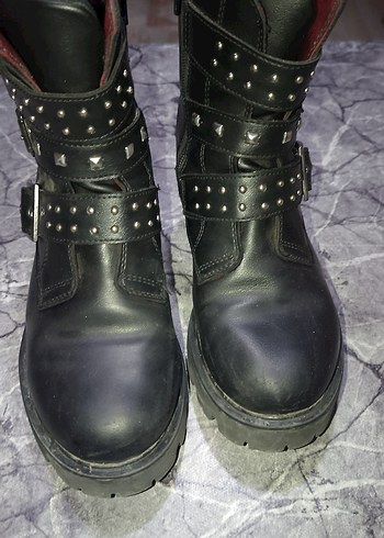 yüksek taban Siyah Deri Tokalı Botlar - Görsel 5