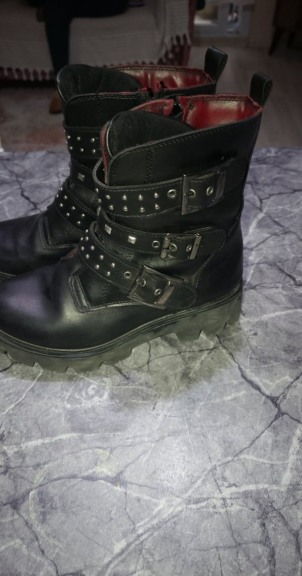 yüksek taban Siyah Deri Tokalı Botlar - Görsel 3