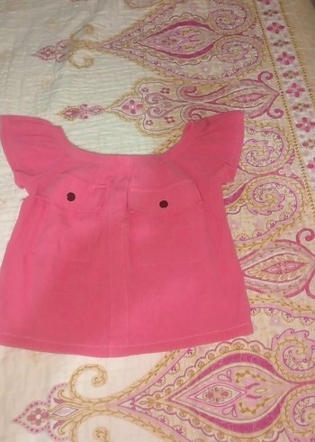 Pembe Keten Kız Bluzu, Kayık Yaka, Düğmeli - Görsel 4