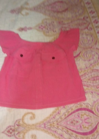 Pembe Keten Kız Bluzu, Kayık Yaka, Düğmeli - Görsel 2