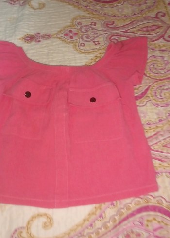 Pembe Keten Kız Bluzu, Kayık Yaka, Düğmeli - Görsel 3