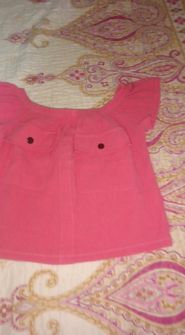 Pembe Keten Kız Bluzu, Kayık Yaka, Düğmeli - Görsel 3