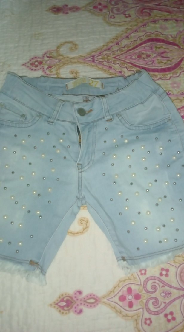 Boncuk Detaylı Mavi Mini Kot Şort - Görsel 4