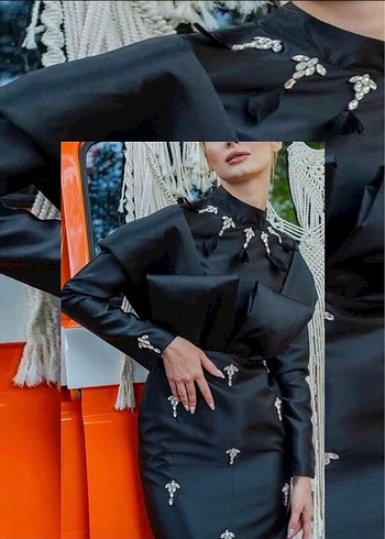 Nakışlı Siyah Uzun Kollu Fitted Abiye Elbise