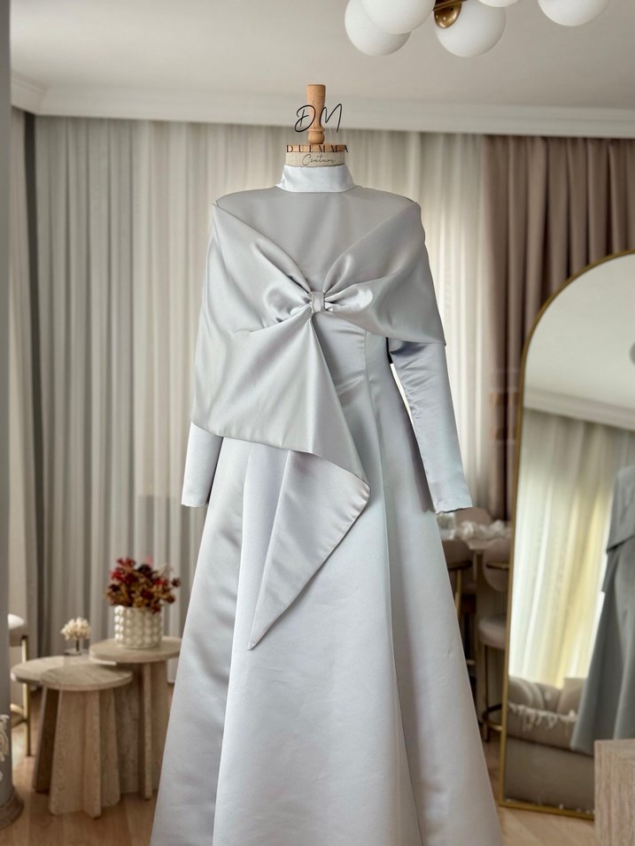 Gri Uzun Kollu A Kesim Gelinlik - Görsel 5