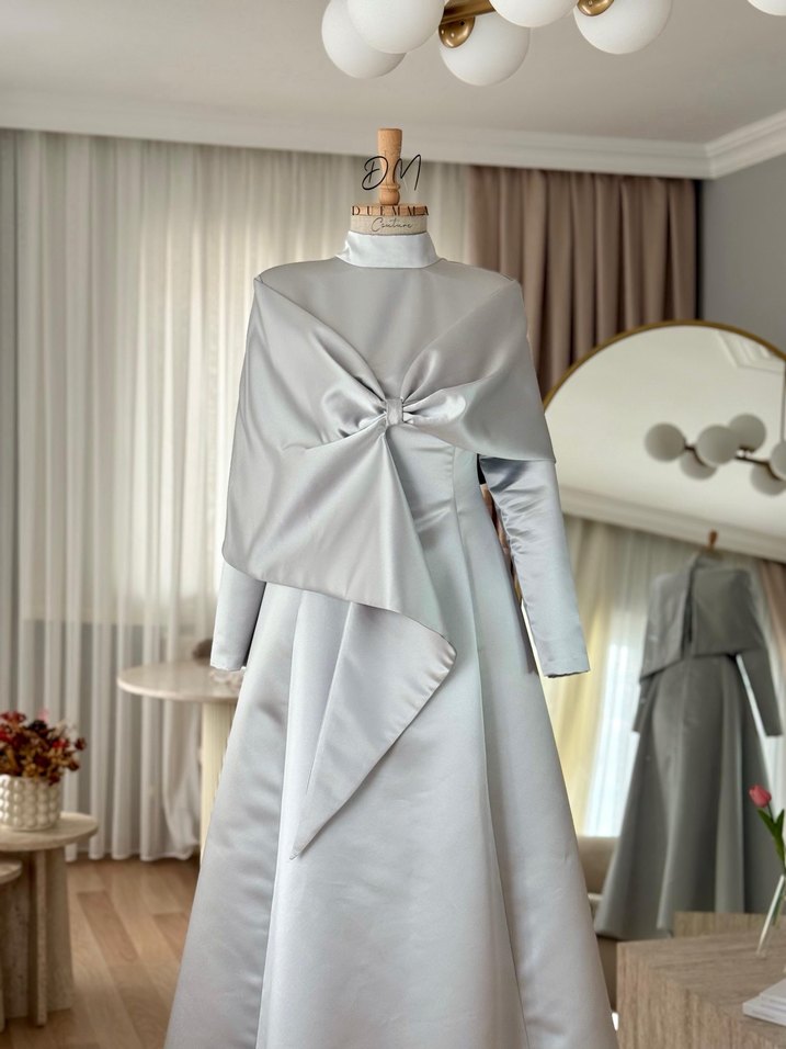 Gri Uzun Kollu A Kesim Gelinlik - Görsel 2