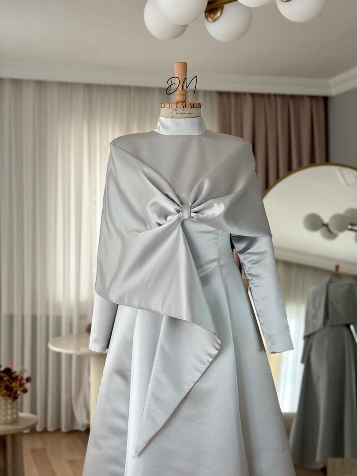 Gri Uzun Kollu A Kesim Gelinlik - Görsel 4