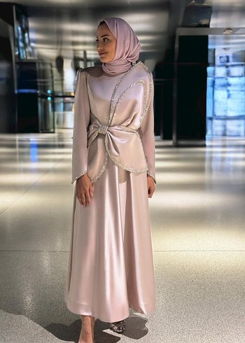 Bej Drapeli Uzun Kollu Abiye Elbise - Görsel 2